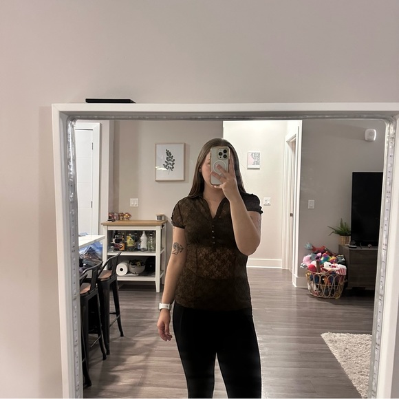 Vintage Apt 9 Brown Lace Sheer Short Sleeve V-Neck Polo Blouse - Picture 9 of 12